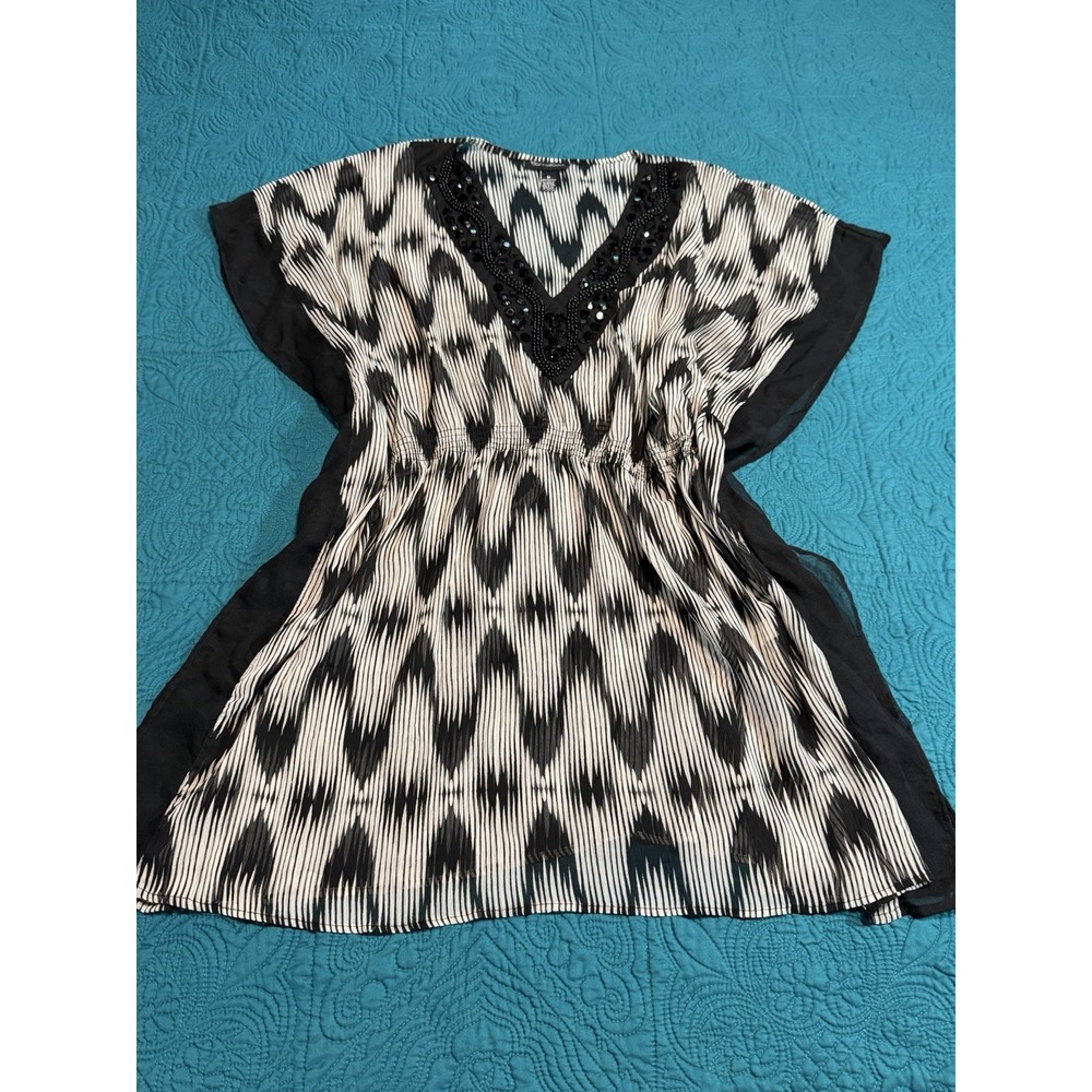 Cable & Gauge Collection Swim Cover Up Medium Black White Beaded V Neck Classy
